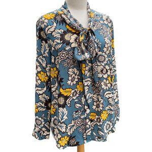 Talbots Floral Neck Tie Blouse Sz M Blue Mustard Academia Office